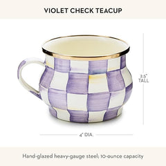 Enamel Teacup, Unique Coffee and Tea Mug, Enamel Cup for Hot Tea, Purple-and-White Violet Check