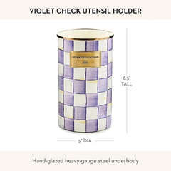 Enamel Utensil Holder, Stylish Kitchen Countertop Organizer, Purple-and-White Violet Check