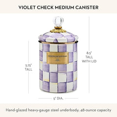 Enamel Canister, Kitchen Storage Container with Lid, Medium, Purple-and-White Violet Check