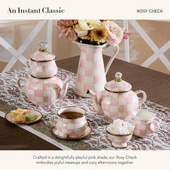 Enamel Saucer, Small Enamel Plate for Teacups, Pink-and-White Rosy Check