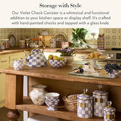 Enamel Canister, Kitchen Storage Container with Lid, Medium, Purple-and-White Violet Check