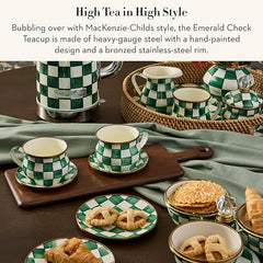 Enamel Teacup, Unique Coffee and Tea Mug, Enamel Cup for Hot Tea, Green-and-White Emerald Check