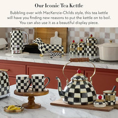 Enamel Tea Kettle, Stylish Tea Kettle for Stovetop, Black-and-White Courtly Check, 3 Quarts