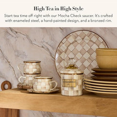 Enamel Saucer, Small Coffee and Tea Cup Saucer, Brown-and-White Mocha Check