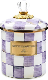 Enamel Canister, Kitchen Storage Container with Lid, Small, Purple-and-White Violet Check