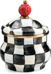 Enamel Lidded Sugar Bowl, Small Serving Bowl with Lid, 10-Ounce Capacity, Black-and-White Courtly Check