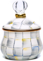 Enamel Lidded Sugar Bowl, Small Serving Bowl with Lid, 10-Ounce Capacity, Gray-and-White Sterling Check