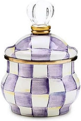 Enamel Lidded Sugar Bowl, Small Serving Bowl with Lid, 10-Ounce Capacity, Purple-and-White Violet Check