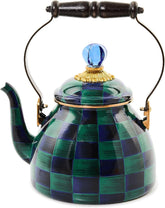 Enamel Tea Kettle, Cute Tea Kettle for Stovetop, 2 Quarts, Dark Green-and-Blue Juniper Check