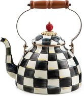 Enamel Tea Kettle, Stylish Tea Kettle for Stovetop, Black-and-White Courtly Check, 3 Quarts