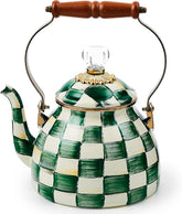 Enamel Tea Kettle, Stylish Tea Kettle for Stovetop, Green-and-White Emerald Check, 2 Quarts