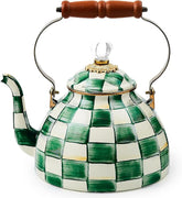 Enamel Tea Kettle, Stylish Tea Kettle for Stovetop, Green-and-White Emerald Check, 3 Quarts
