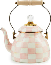 Enamel Tea Kettle, Stylish Tea Kettle for Stovetop, Pink-and-White Rosy Check, 2 Quarts