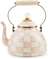 Enamel Tea Kettle, Stylish Tea Kettle for Stovetop, Pink-and-White Rosy Check, 3 Quarts