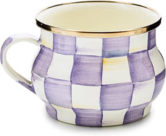 Enamel Teacup, Unique Coffee and Tea Mug, Enamel Cup for Hot Tea, Purple-and-White Violet Check