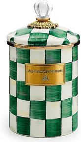 Medium Enamel Canister, Kitchen Storage Container with Lid, Green-and-White Emerald Check
