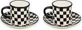 Set of 2 Stoneware Espresso Cup and Saucer, Cute Coffee Cups, Black-and-White Courtly Check