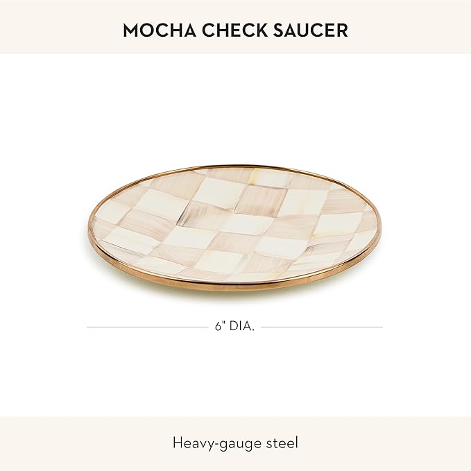 Enamel Saucer, Small Coffee and Tea Cup Saucer, Brown-and-White Mocha Check