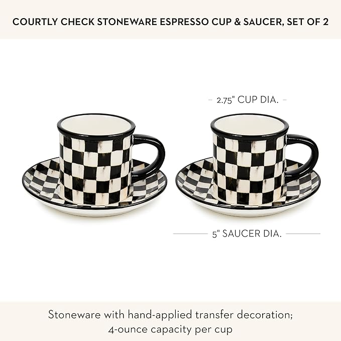 Set of 2 Stoneware Espresso Cup and Saucer, Cute Coffee Cups, Black-and-White Courtly Check
