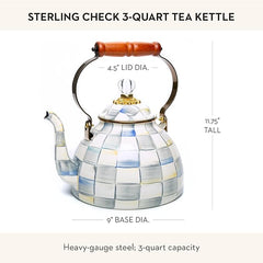 Enamel Tea Kettle, Stylish Tea Kettle for Stovetop, Grey-and-White Sterling Check, 3 Quarts