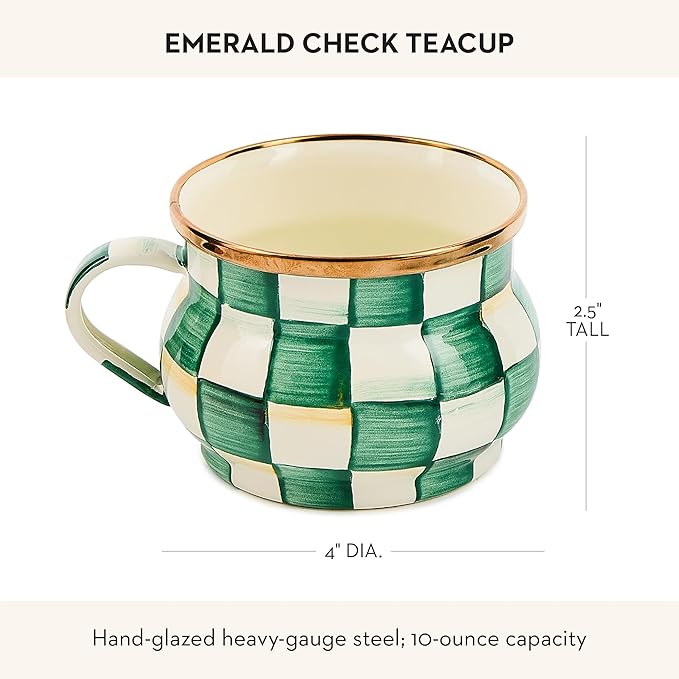 Enamel Teacup, Unique Coffee and Tea Mug, Enamel Cup for Hot Tea, Green-and-White Emerald Check