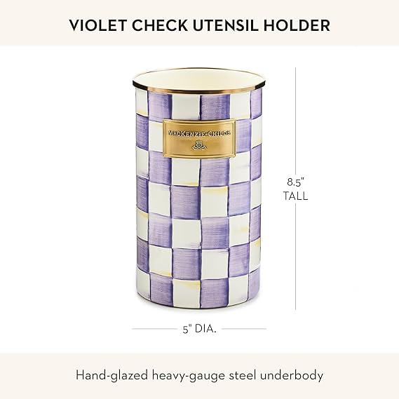 Enamel Utensil Holder, Stylish Kitchen Countertop Organizer, Purple-and-White Violet Check
