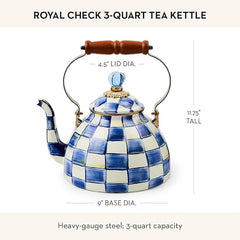 Enamel Tea Kettle, Stylish Tea Kettle for Stovetop, Blue-and-White Royal Check, 3 Quarts