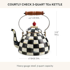 Enamel Tea Kettle, Stylish Tea Kettle for Stovetop, Black-and-White Courtly Check, 3 Quarts
