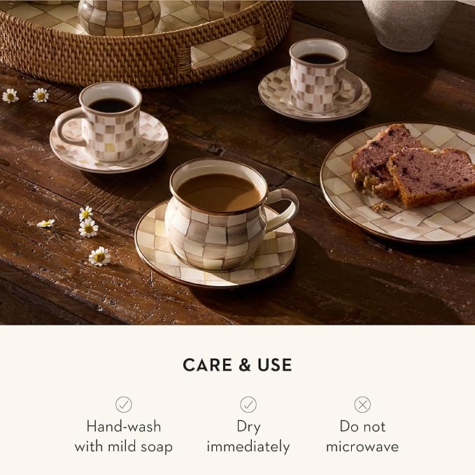 Enamel Saucer, Small Coffee and Tea Cup Saucer, Brown-and-White Mocha Check