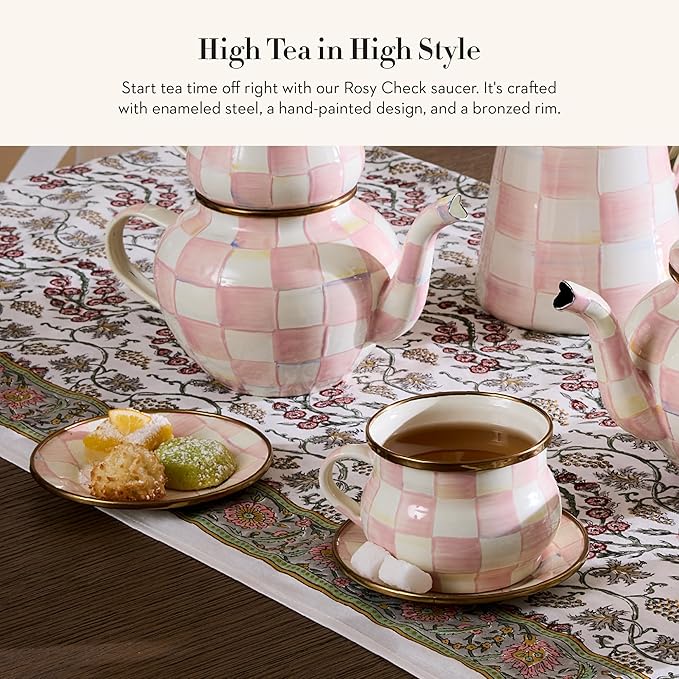 Enamel Saucer, Small Enamel Plate for Teacups, Pink-and-White Rosy Check