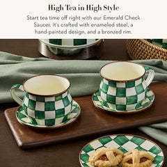 Enamel Saucer, Small Coffee and Teacup Saucer, Green-and-White Emerald Check