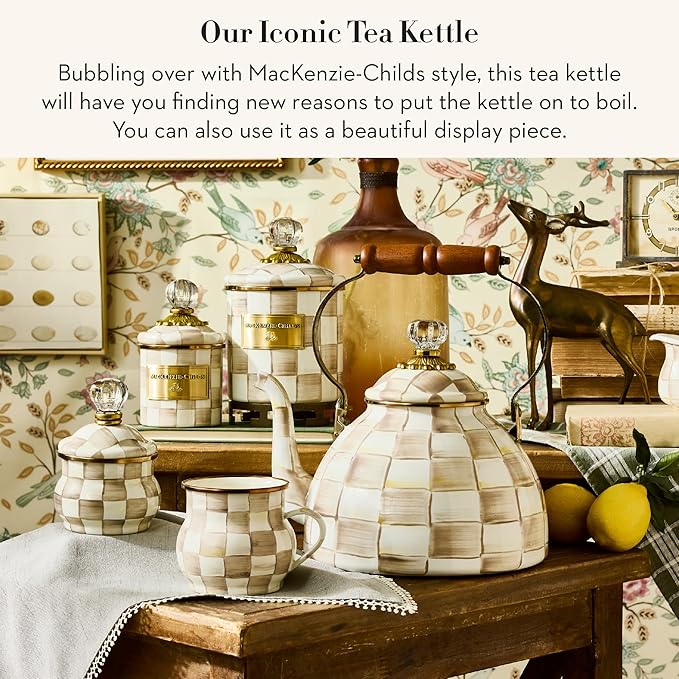 Enamel Tea Kettle, Stylish Tea Kettle for Stovetop, Brown-and-White Mocha Check, 3 Quarts