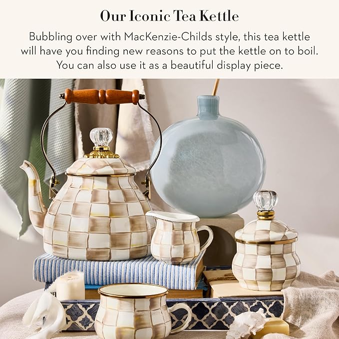 Enamel Tea Kettle, Stylish Tea Kettle for Stovetop, Brown-and-White Mocha Check, 2 Quarts