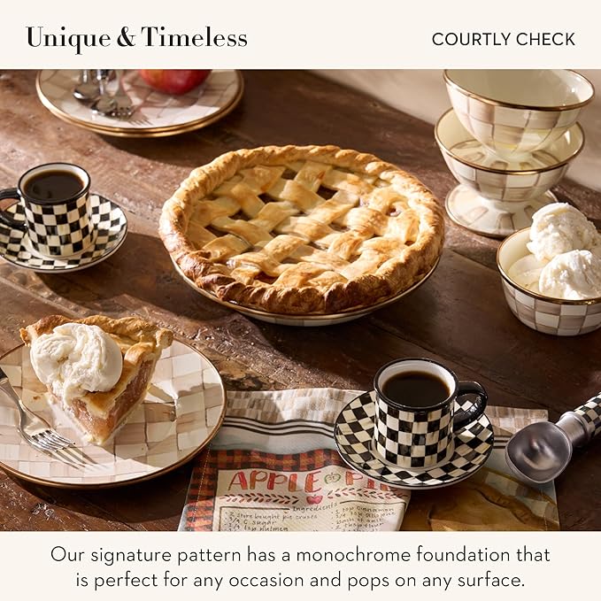 Set of 2 Stoneware Espresso Cup and Saucer, Cute Coffee Cups, Black-and-White Courtly Check