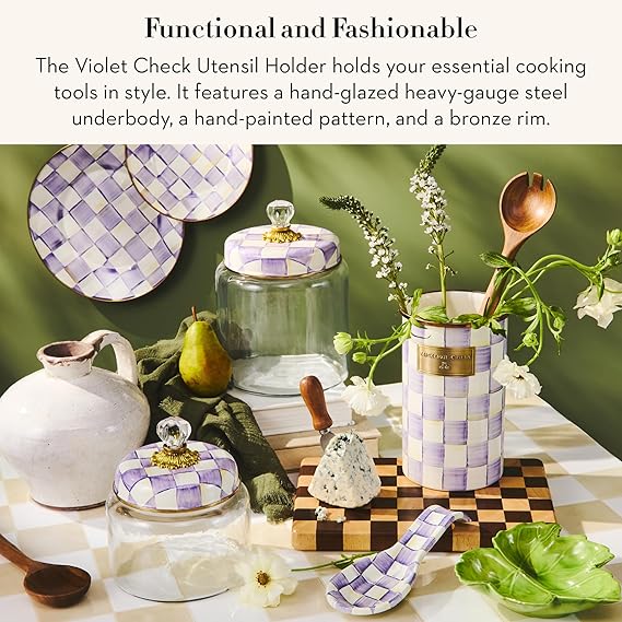 Enamel Utensil Holder, Stylish Kitchen Countertop Organizer, Purple-and-White Violet Check