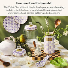 Enamel Utensil Holder, Stylish Kitchen Countertop Organizer, Purple-and-White Violet Check