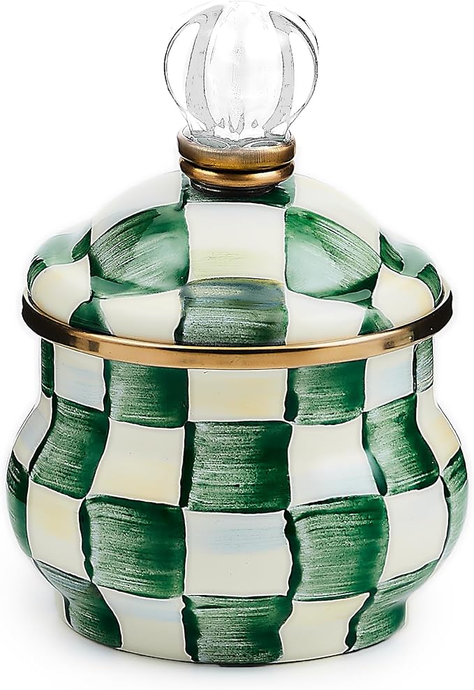 Enamel Lidded Sugar Bowl, Small Serving Bowl with Lid, 10-Ounce Capacity, Green-and-White Emerald Check