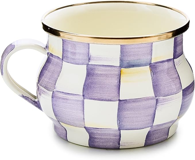 Enamel Teacup, Unique Coffee and Tea Mug, Enamel Cup for Hot Tea, Purple-and-White Violet Check