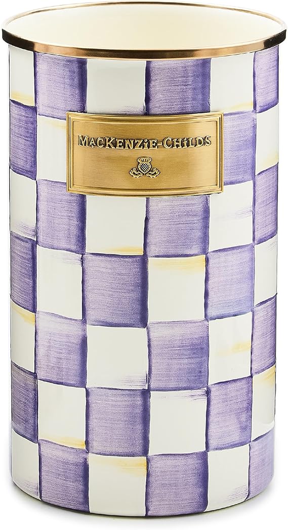 Enamel Utensil Holder, Stylish Kitchen Countertop Organizer, Purple-and-White Violet Check