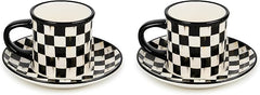 Set of 2 Stoneware Espresso Cup and Saucer, Cute Coffee Cups, Black-and-White Courtly Check